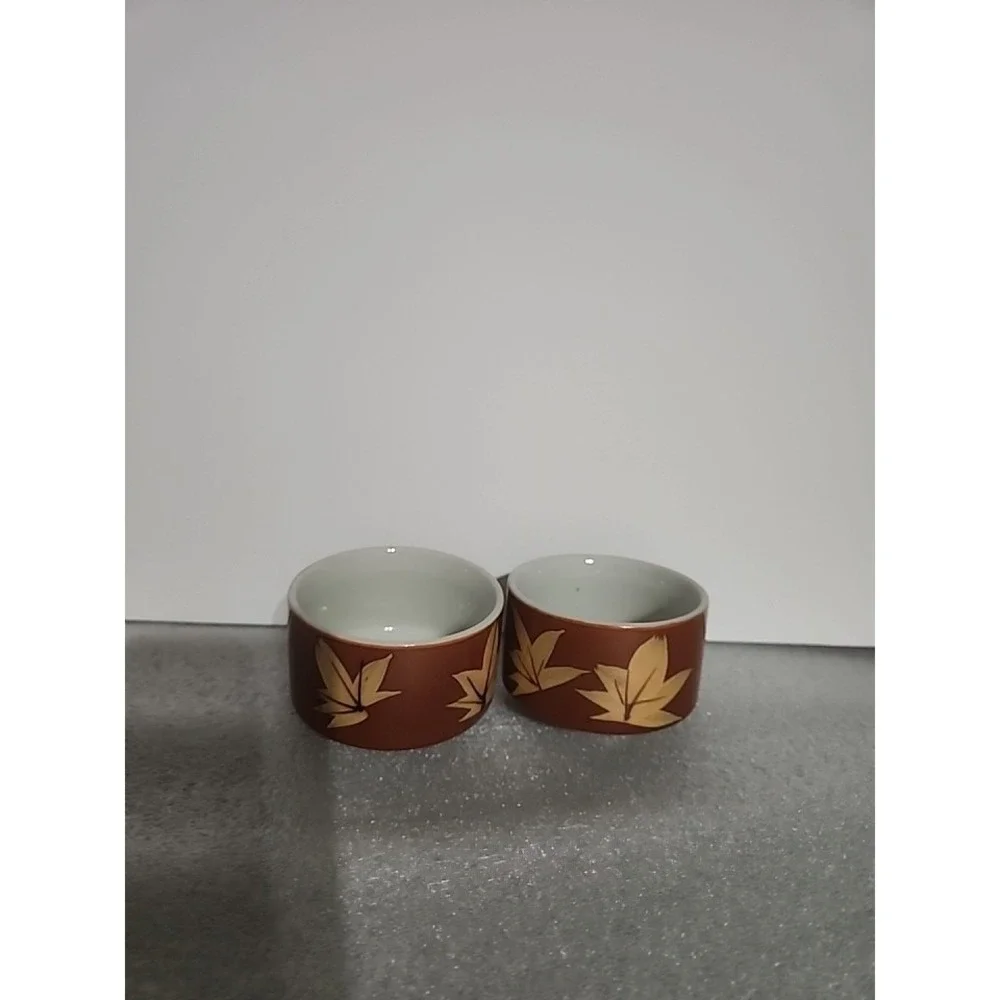 vintage ceramic tea bowls featuring an autumn maple leaf pattern